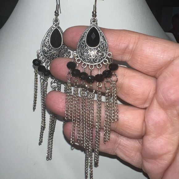 Silver Tone and Black Bead Long Boho Earrings - Picture 5 of 7
